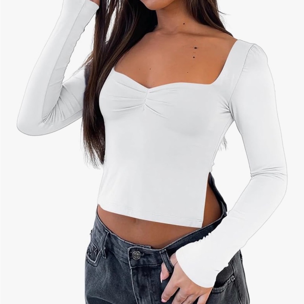 White long sleeve crop top Sweetheart Neckline Bustier Top with Slit